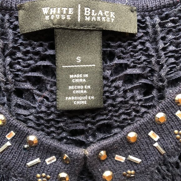 White House Black Market Studded Neckline Long Sleeve Navy Lace Sweater Size S - Picture 4 of 10